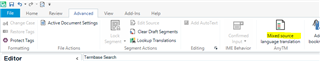 Trados Studio interface showing the Advanced tab selected with options for Batch Processing, Clean Up Segments, and Lock Segments. A notification for 'Marked segment' is visible.