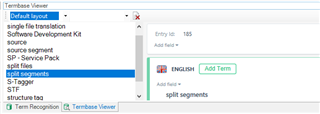 Trados Studio screenshot showing the Term Recognition window with the Default layout selected and an 'Add Term' option in English.