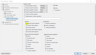 Trados Studio Project Settings dialog with 'Exclude locked segments' option checked under 'Number Verifier'.