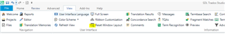 Trados Studio interface showing the 'Reset Window Layout' option highlighted in the View tab.