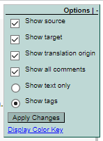 Options menu in Trados Studio with checkboxes for Show source, Show target, Show translation origin, Show all comments, and Show text only. Radio buttons for Show tags and Apply Changes button are also visible.