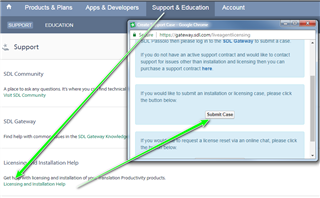Screenshot of Trados Studio support page with an arrow pointing to the 'Submit Case' button in the 'Support & Education' tab.