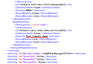 Screenshot of Trados Studio's ProjectAnonymizer plugin XML code showing the encryption settings and regular expression patterns including a literal company name 'Test Company Name'.