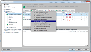 Trados Studio screenshot showing the Translation Memories view with options to Create, Open, Import, Export, and Language Resource Templates. The AnyTM function is highlighted suggesting its use for leveraging from both TMs.