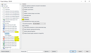 Trados Studio Project Settings window showing file type options for Microsoft PowerPoint with 'Comments' option unticked.