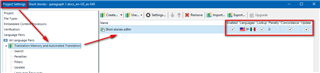 Trados Studio Project Settings window showing All Language Pairs, Translation Memory and Automated Translation tab with a Translation Memory selected.