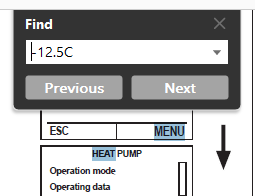 Screenshot of Trados Studio's 'Find' function with the search term '12.5C' entered, showing 'Previous' and 'Next' buttons, and a snippet of the PDF with 'HEAT PUMP' and menu options visible.