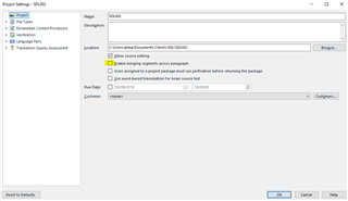 Trados Studio Project Settings window showing 'Enable merging segments across paragraph' option unchecked.