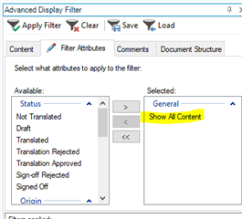 Advanced Display Filter window in Trados Studio with 'Show All Content' option selected in the right pane.