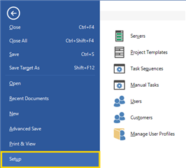 Trados Studio File menu with 'Setup' option highlighted, indicating a useful starting point for editing Project Templates and other tasks.