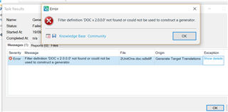Trados Studio error message stating 'File definition DOCX v2.0.0.0 not found or could not be used to construct a generator.'