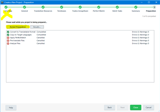 Trados Studio screenshot showing the 'Create a New Project - Preparation' window with a warning icon and the process stuck at Step 9 'Analyze Files' with status 'Cancelled'. The 'Restart Preparation' button is highlighted.