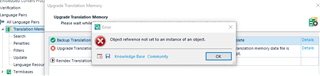 Upgrade Translation Memory error dialog in Trados Studio with message 'Object reference not set to an instance of an object'.