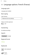 Language options menu for French in Windows 10 settings, showing options to download language pack and add a keyboard.