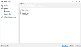 Trados Studio Project Settings window showing Verification tab with unchecked options for QA Checker 3.0 and Number Verifier.