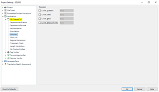 Trados Studio Verification settings with options for Check tags, Check spaces, and Check punctuation errors.