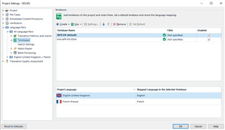 Trados Studio Project Settings displaying Language Pairs tab with English (United States) - French (France) selected.