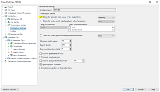 Trados Studio Verification settings window with options for checking for extra spaces, missing translations, and maximum text length.