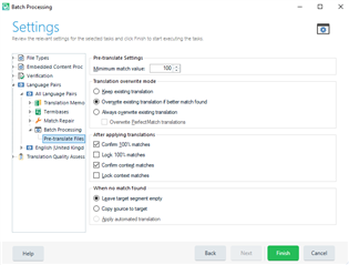 Trados Studio batch processing settings window showing pre-translate settings with options for translation memory and match types.