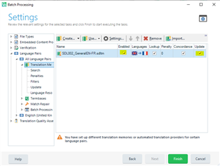 Trados Studio settings window with a warning message about different translation memories or automated translation providers for certain language pairs.