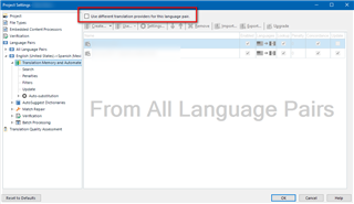 Trados Studio screenshot showing Project Settings with Language Pairs expanded, highlighting the unchecked checkbox for 'Use different translation providers for this language pair.'