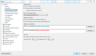 Screenshot of Trados Studio 2019 settings window showing options for Display Source Text, Search result display mode, and Show translation memory source segment differences.