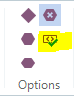 Trados Studio View tab showing the Options command group with an icon highlighted in yellow indicating the feature to hide all tags.