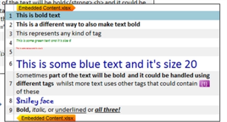 Screenshot of Trados Studio interface showing text with embedded content tags and formatting options like bold, italic, and underlined text.