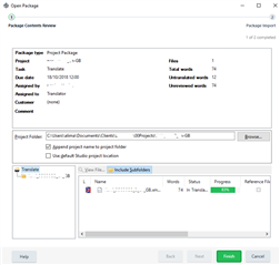 Trados Studio Open Package window showing an unopened project with the Browse button active and the project path pre-filled.