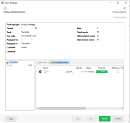 Trados Studio Open Package window after the package has been opened, with the Browse button now inactive and a message indicating the package has already been opened.