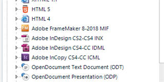 Trados Studio file type options showing Adobe InDesign CS4-CC IDML selected.