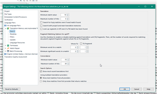 Trados Studio screenshot displaying the 'Minimum match value' and 'Search settings' under Project Settings with options for 'Minimum match value', 'Context match', 'Minimum significant match', and 'Maximum results'.