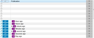Trados Studio screenshot showing a list of segments with timestamps indicating when they were last modified, ranging from '1 Hour ago' to '1 Day ago'.