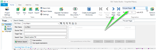 Trados Studio interface showing the Translation Memory view with a green arrow pointing to the 'Next Page' button indicating the action to reveal more Translation Units.