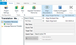 Trados Studio interface showing the Translation Memories tab with options for Align Documents, Align Single File Pair, and Open Alignment.