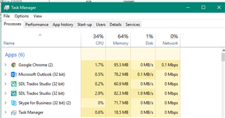 Task Manager window showing SDL Trados Studio running with low CPU and memory usage.