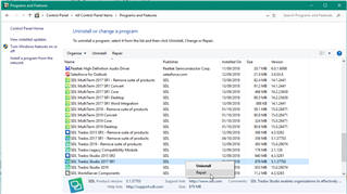 Control Panel's Programs and Features window with SDL Trados Studio selected for repair.