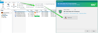 Trados Studio software showing a green arrow pointing to the 'Help' menu with a dropdown displaying 'Deactivate License' option.