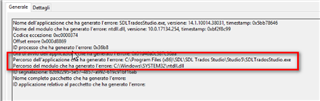Error log from Trados Studio showing a module error with file path C:Program Files (x86)SDLTrados StudioSDLTradosStudio.exe and error code 0xc000041d.