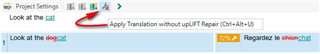 Trados Studio screenshot showing the 'Apply Translation without TM Repair' option highlighted with a red arrow, indicating the function to turn off Fuzzy Match repair.