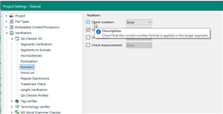 Screenshot of Trados Studio Project Settings with 'Numbers' selected, showing an error in 'Check that correct number format is applied in the target segment'.