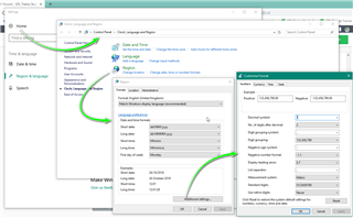 Screenshot of Windows 'Region and Language' settings with multiple green arrows pointing to format settings, indicating areas to check for number recognition issues.