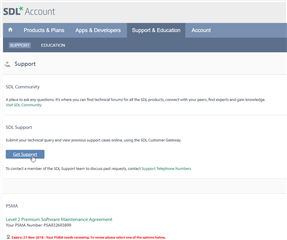 SDL Trados Studio support page with an option to 'Submit Support Case' and a highlighted section for 'PSMA Level 2 Premium Software Maintenance Agreement'.