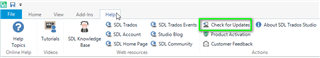 Trados Studio ribbon menu with 'Check for Updates' button highlighted in green.