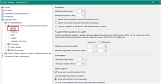 Trados Studio Project Settings window with Translation section open, displaying search settings such as minimum match value.