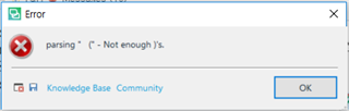 Error dialog box in Trados Studio with a red cross icon, displaying the message 'parsing " (" - Not enough )'s.' and buttons for 'Knowledge Base' and 'Community'.