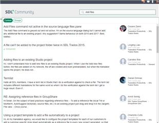 Screenshot of SDL Community forum with various threads discussing issues related to Trados Studio, such as adding files to a project.