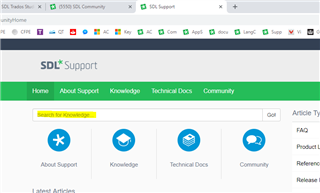 Screenshot of SDL Support page with navigation tabs for Home, About Support, Knowledge, Technical Docs, and Community, and a search bar for knowledge base.