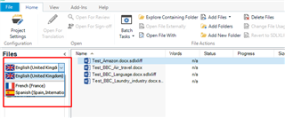 Trados Studio screenshot showing a sample project with English as the source language and French and Spanish as target languages. The English source files are not open for editing.