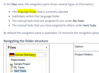 Screenshot of Trados Studio Files view showing the navigation pane with language folder 'German (Germany)' selected and subfolders 'Project Folders', 'Sample Project', 'My Tasks', and 'Sent Tasks'.
